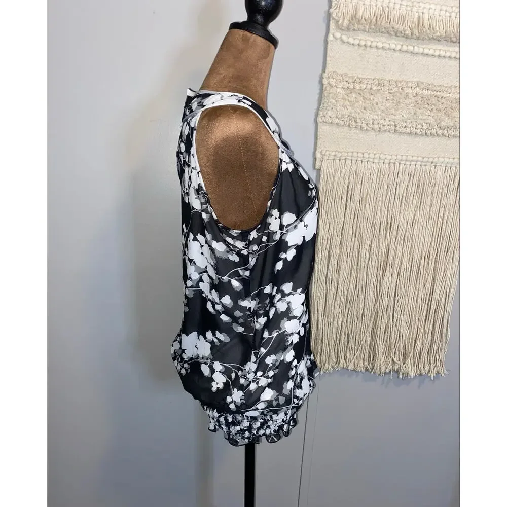 BCX Black White Floral Sleeveless Bubble Hem Blouse Medium Sheer Layered Top